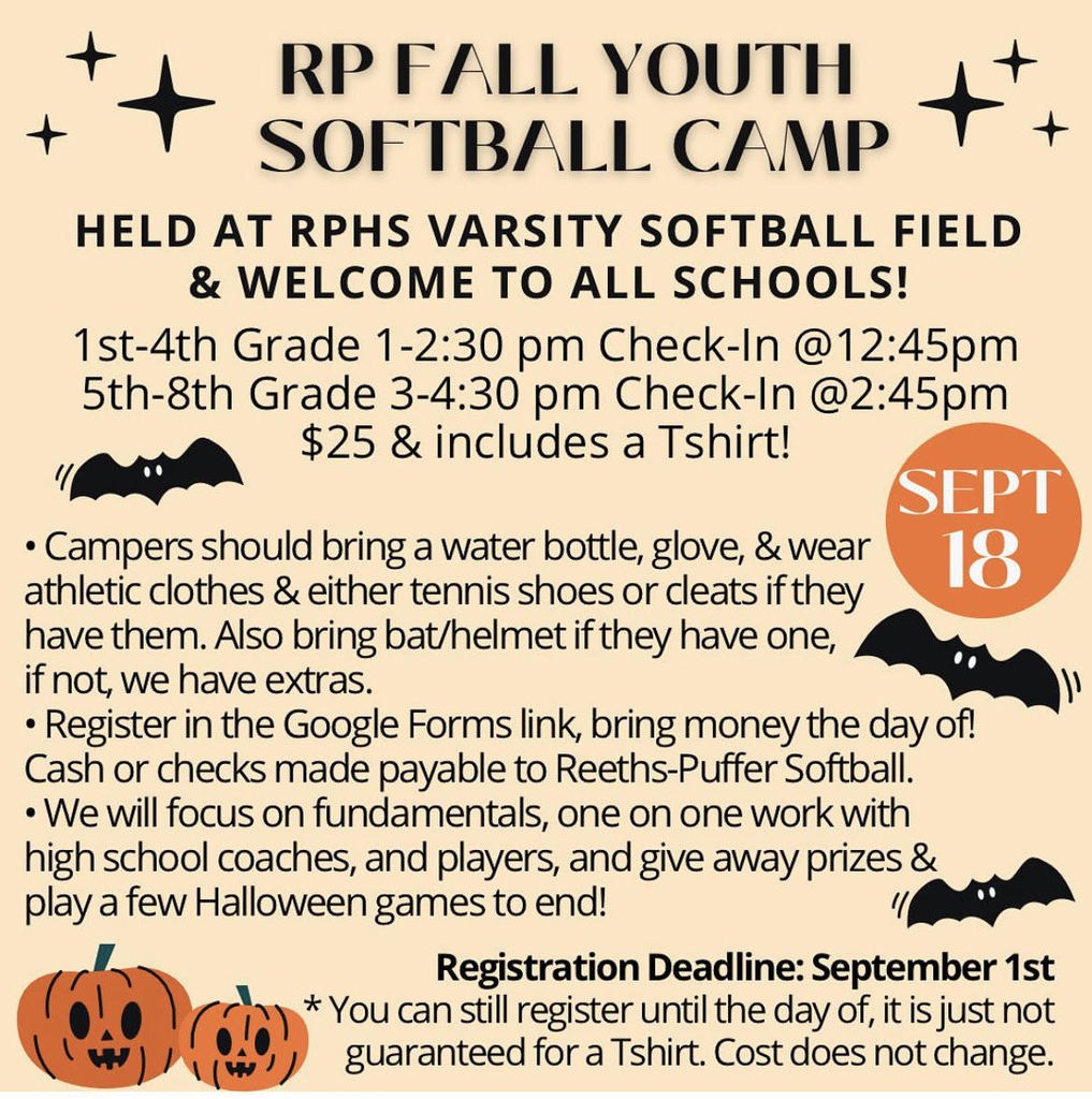 RP Fall Youth Softball Camp Info Flyer with pictures of bats and pumpkins.,